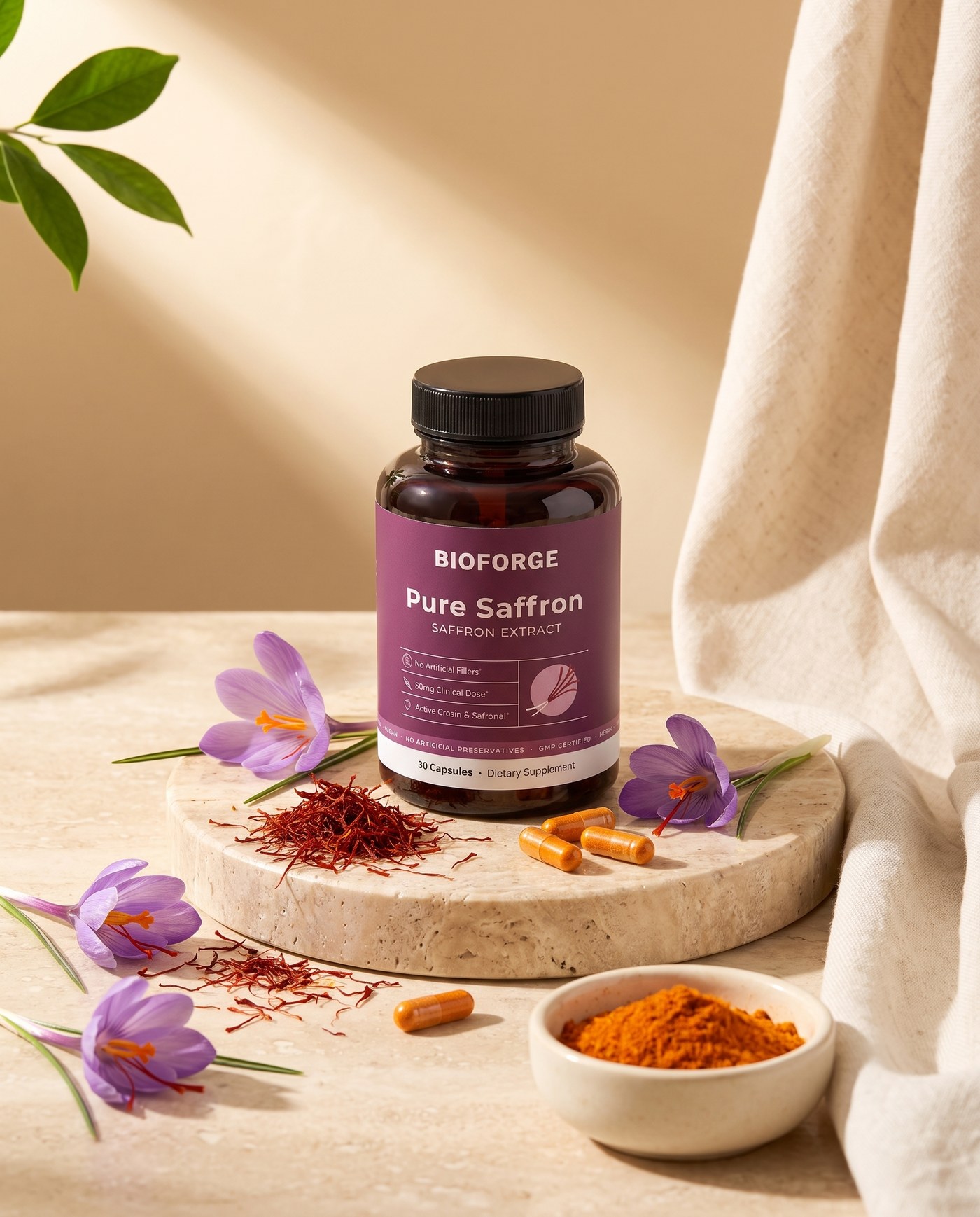 Bio Forge Pure Saffron Extract bottle on stone pedestal with saffron threads and purple crocus flowers