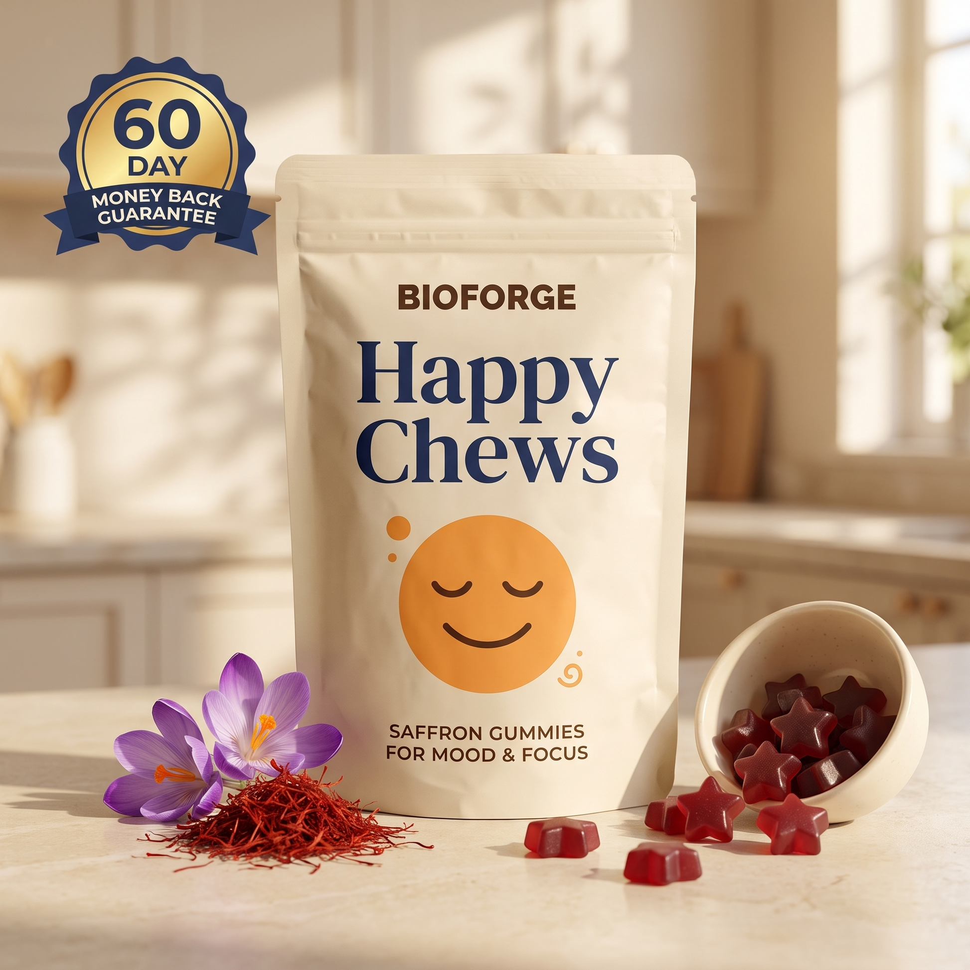 Bio Forge Happy Chews saffron gummies with saffron threads, crocus flowers and star-shaped gummies