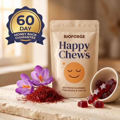 Happy Chews pouch with saffron, crocus flowers and star gummies, 60-day money-back badge