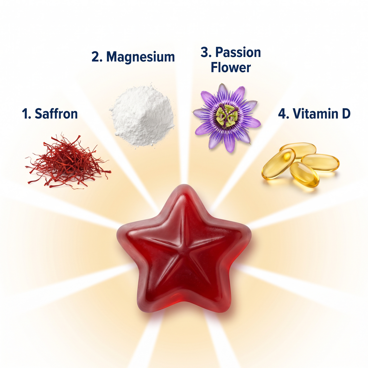 Saffron, magnesium, passion flower and vitamin D in each gummy