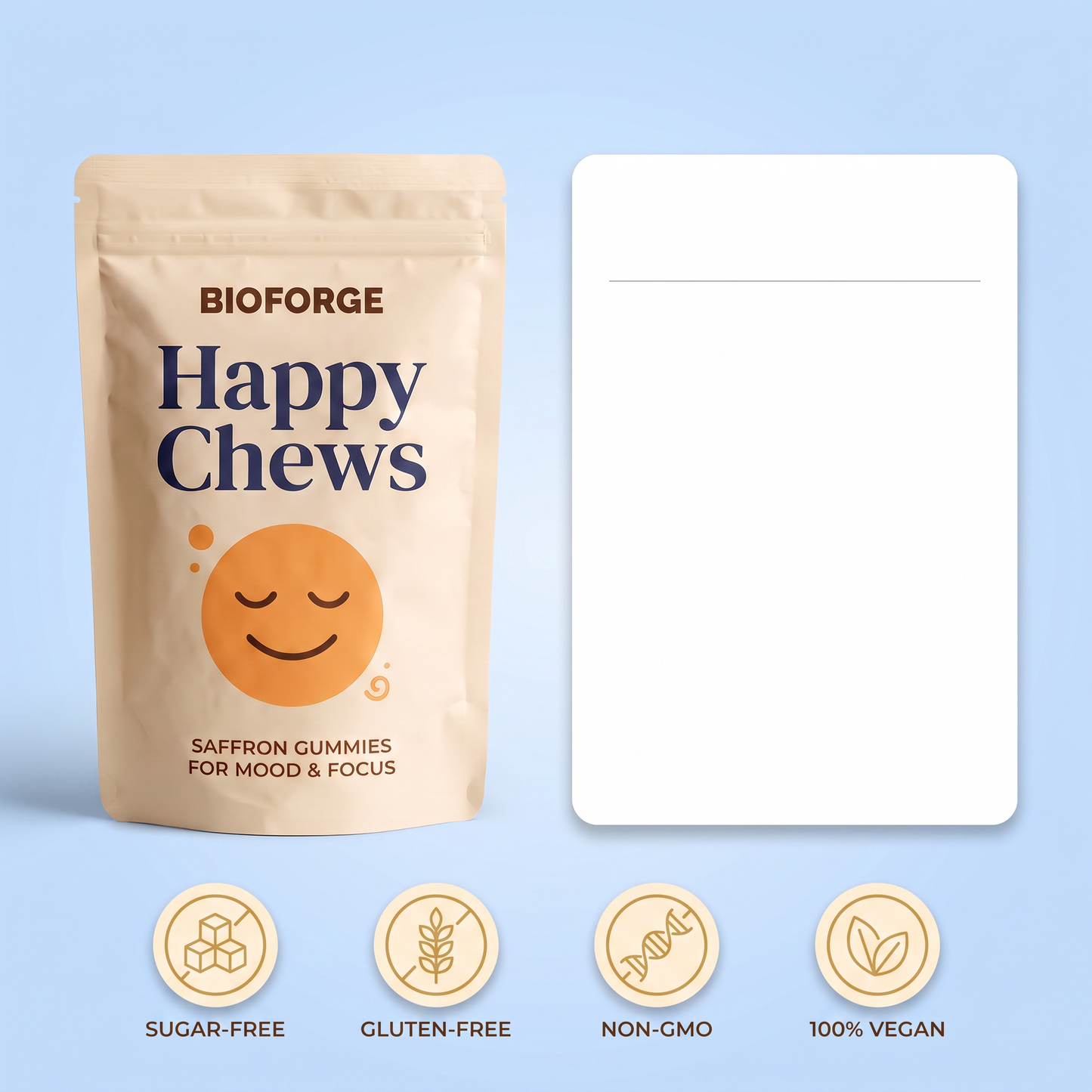 Happy Chews supplement facts panel with sugar-free, gluten-free, non-GMO and vegan badges