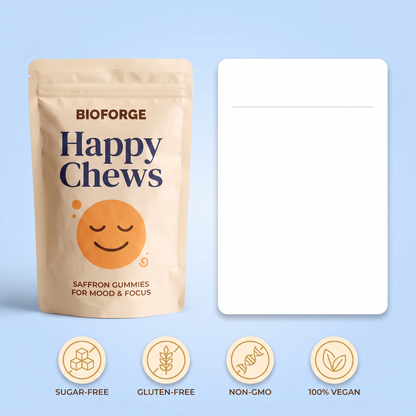 Happy Chews supplement facts panel with sugar-free, gluten-free, non-GMO and vegan badges