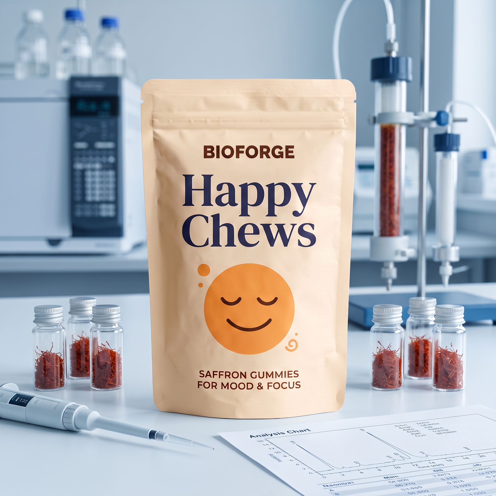 Happy Chews pouch on a laboratory bench with saffron sample vials and testing equipment