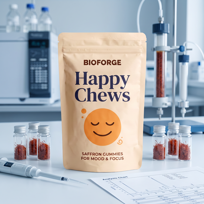 Happy Chews pouch on a laboratory bench with saffron sample vials and testing equipment
