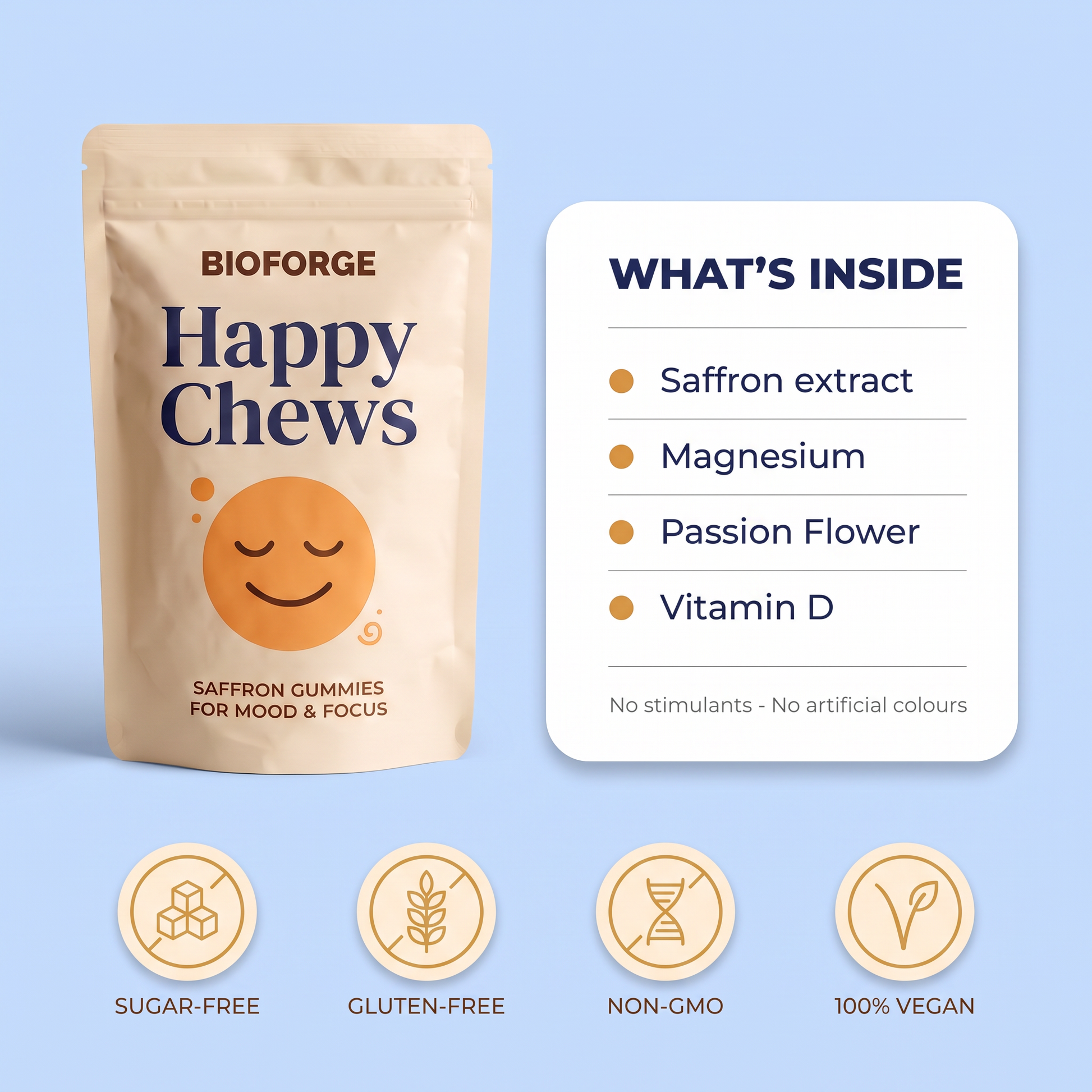 What's inside Happy Chews: saffron extract, magnesium, passion flower, vitamin D. Sugar-free, gluten-free, non-GMO, vegan.