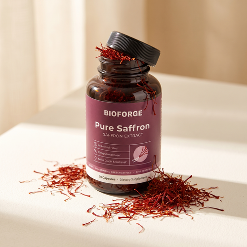 Bio Forge bottle with saffron threads scattered