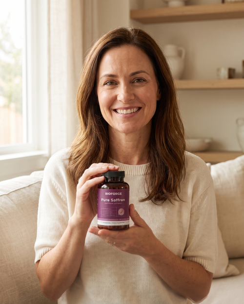 Bio Forge customer holding bottle - woman